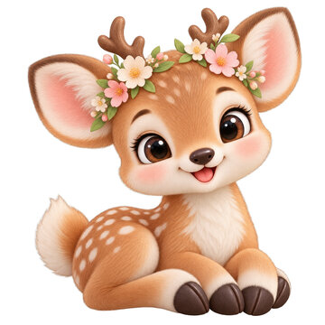 A cute cartoon fawn wearing a delicate floral wreath on its head.
