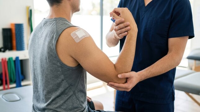Physical therapist carefully examines a patient's bent arm during a rehabilitation session