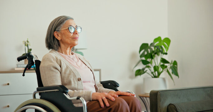 Wheelchair, thinking and senior woman in home with vision, past memory or flashback with nostalgia. Reflection, ponder and elderly person with disability, mindset and perspective in retirement