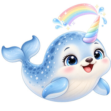 A cute cartoon narwhal with a rainbow horn and a small rainbow above it.