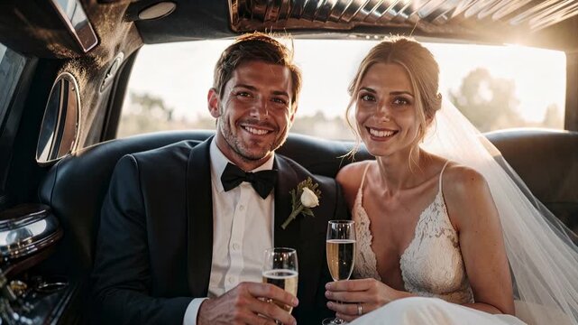 Newlywed couple celebrating with champagne in a limousine on their wedding day