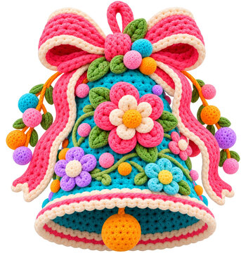 A decorative bell made from colorful crocheted yarn with floral and ribbon accents.