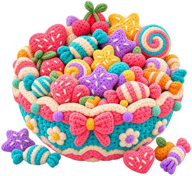A decorative bowl filled with various colorful crocheted candies and star shapes.