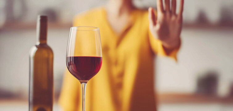 Individual embracing a sober and healthy lifestyle by turning down a glass of red wine, emphasizing the importance of balance and moderation