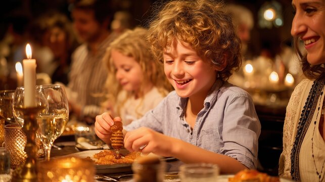 Young boy with curly hair joyfully participates in Hanukkah dinner celebration with family. Golden candlelight illuminates traditional festive table setting creating warm intimate atmosphere of