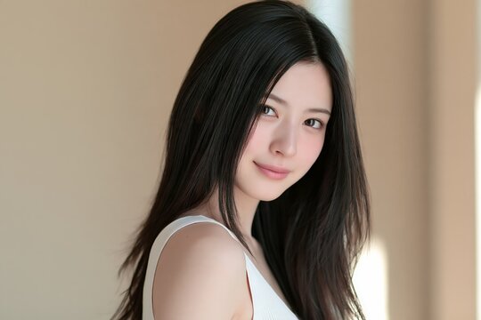 美しい黒髪を持つ女性が微笑むポートレート