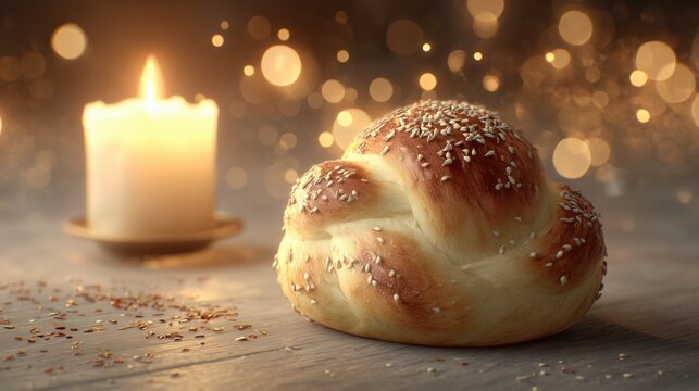 Traditional challah bread with sesame seeds on wooden surface beside glowing candle creating warm ambiance for Jewish Shabbat celebration and religious observance