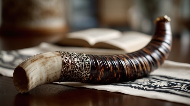 Ornate carved shofar horn resting on aged parchment with open prayer book in soft focus, evoking Jewish High Holy Days tradition and spiritual reflection
