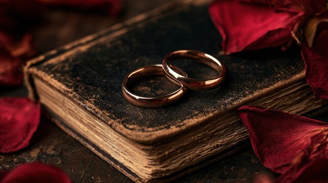 Two simple wedding rings placed on old vintage book with scattered dry red rose petals representing love and commitment