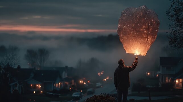 Man releasing lantern in sky.