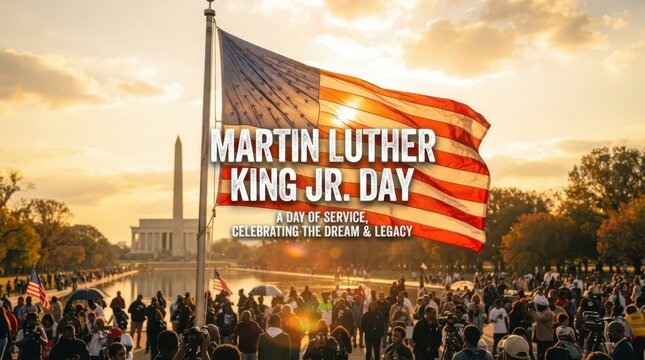 Martin Luther King Jr. Day text on waving American flag during national service holiday event