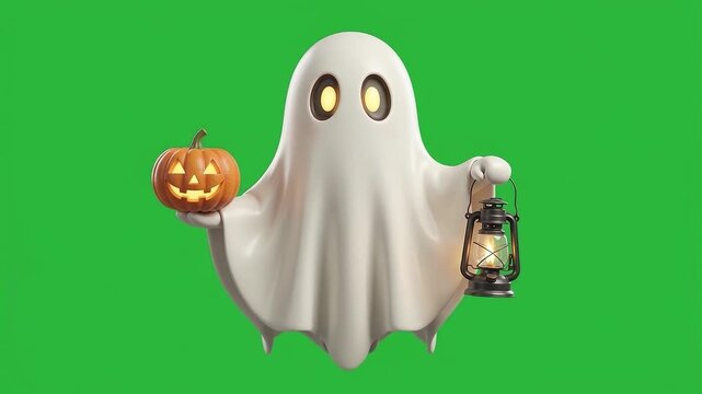 Animated Cartoon Ghost Balancing Jack O Lantern on Green Screen Compositing