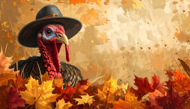 Pavo entre hojas de oto&ntilde;o con sombrero sobre fondo c&aacute;lido