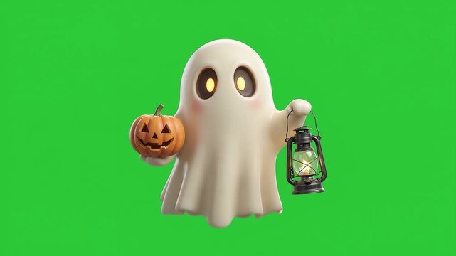 Adorable Halloween ghost character with pumpkin for green screen compositing