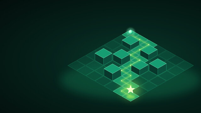 Reinforcement learning grid world with glowing agent path on dark emerald