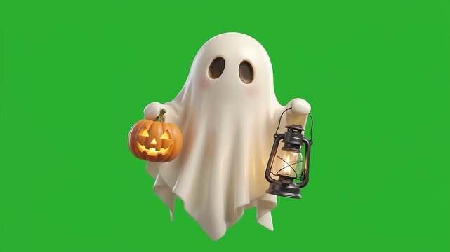Haunted Sheet Ghost Carrying Pumpkin and Lantern on Green Screen