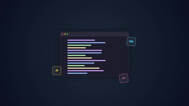 Abstract code windows displaying programming language on dark grid