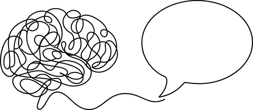 A continuous line art illustration depicting a human brain connected to an empty speech bubble on a white surface.