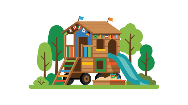 Wooden children playhouse with slide and sandbox in garden flat vector illustration