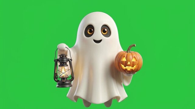 Smiling Spirit Carrying Lantern and Pumpkin on Green Screen Chroma Key