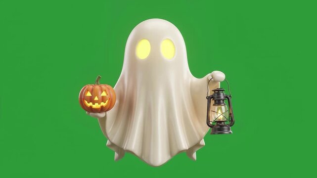 Luminescent Ghost Carrying Jack O Lantern on Green Screen Chroma Key