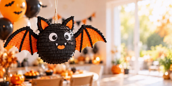 Halloween Pi&ntilde;ata in Fledermausform mit schwarzen und orangenen Fl&uuml;geln als Partydekoration