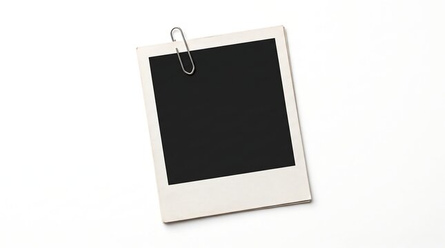Blank instant film frame attached with a silver paperclip picture border office supply white background photograph polaroid
