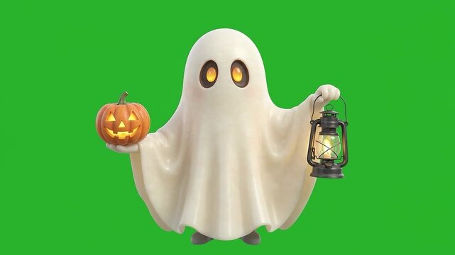 3D Halloween Spirit Holding Pumpkin and Lantern Green Screen Animation