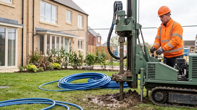 Geothermal Drilling Operator Installing Ground Source Heating