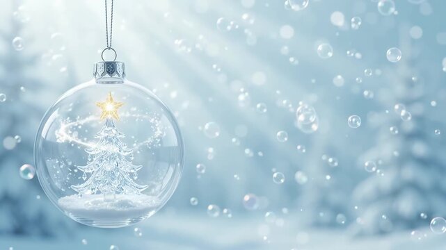 Glass Christmas bauble with crystal tree and glowing star in snowy winter landscape, holiday celebration 3D render loop
