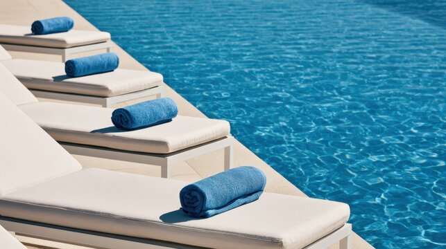 White lounge chair with rolled blue towel poolside relaxing space on sunny day bright blue water background clear swim surface