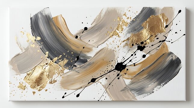 Luxury abstract artistic brushstroke texture background with shimmering golden foil elements and dynamic black paint splashes on blank white canvas for elegant party wedding template banner