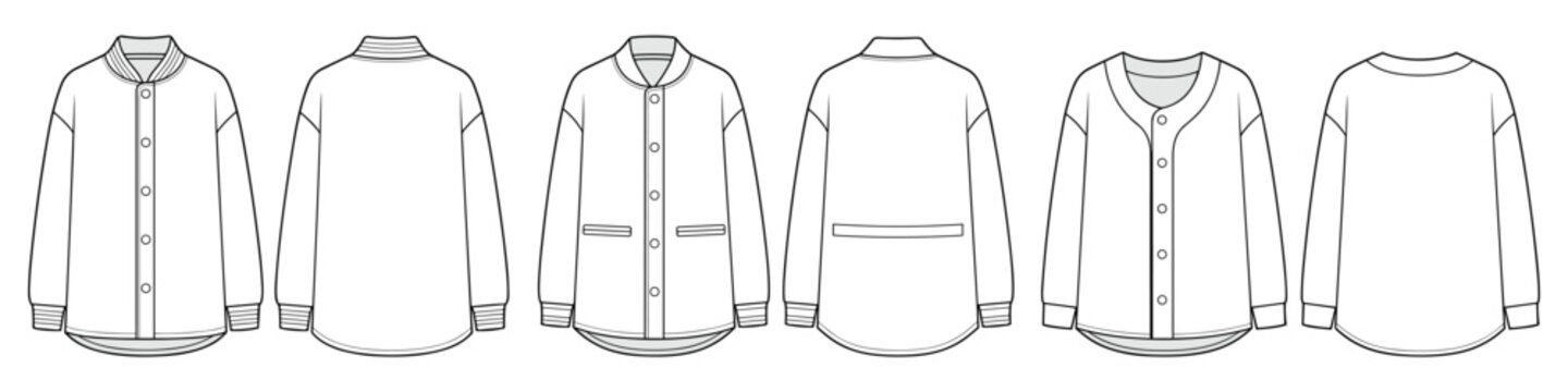 bomber style baseball jersey jacket flat technical drawing illustration long sleeve blank streetwear mock-up template for design and tech packs fashion sketch