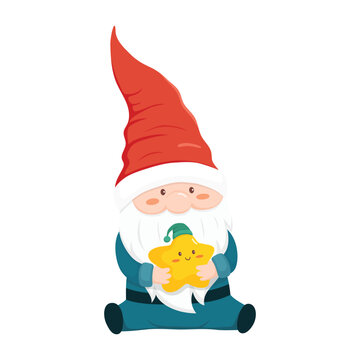 Cute cartoon illustration of a Christmas gnome with a tall red hat, fluffy white beard, and teal outfit, holding an adorable yellow star with a smiling face.
