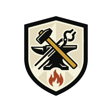 Blacksmith shield emblem with anvil hammer tongs and fire flame vector illustration