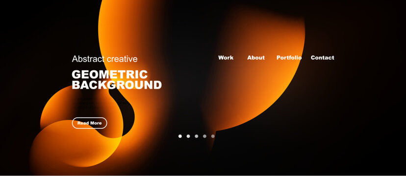 Abstract orange shapes dominate dark background. Text promotes geometric design, includes navigation options, button.