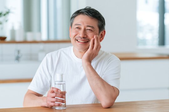 笑顔でスキンケアするミドル男性が保湿液を持ち肌に触れる
