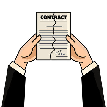 A hand holding a broken contract paper, symbolizing failed agreements, business disputes, legal conflicts, and contract termination