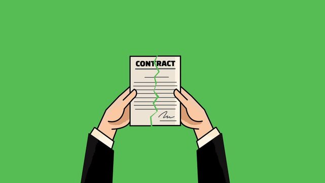 A hand holding a broken contract paper, symbolizing failed agreements, business disputes, legal conflicts, and contract termination