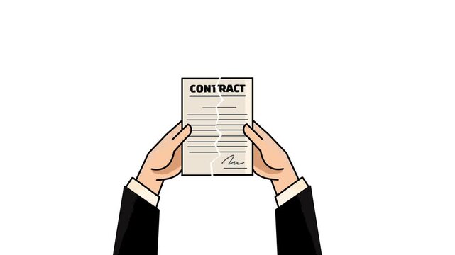 A hand holding a broken contract paper, symbolizing failed agreements, business disputes, legal conflicts, and contract termination