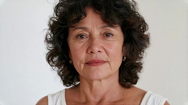 Mature woman with curly hair and expressive eyes looking thoughtful