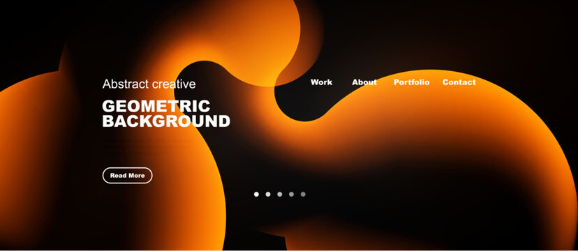 Abstract orange design. Geometric shapes create fluid background. Text includes geometric background, read more. Navigation options present.