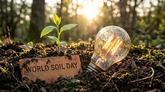 A glowing light bulb and a small plant growing next to a brick engraved with world soil day, representing environmental awareness and soil health world soil day