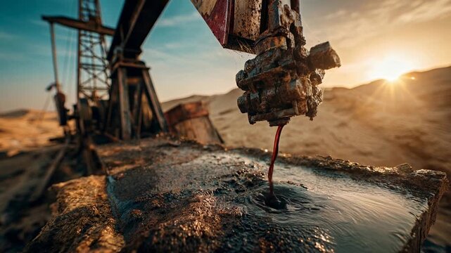 Rusty oil pump jack extracts crude oil at sunset in a desert landscape
