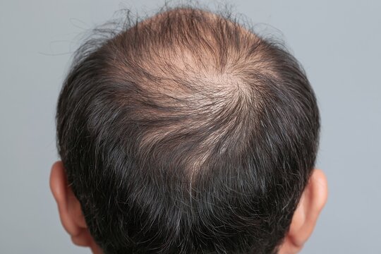薄毛の男性の頭頂部を接写白背景に健康イメージ