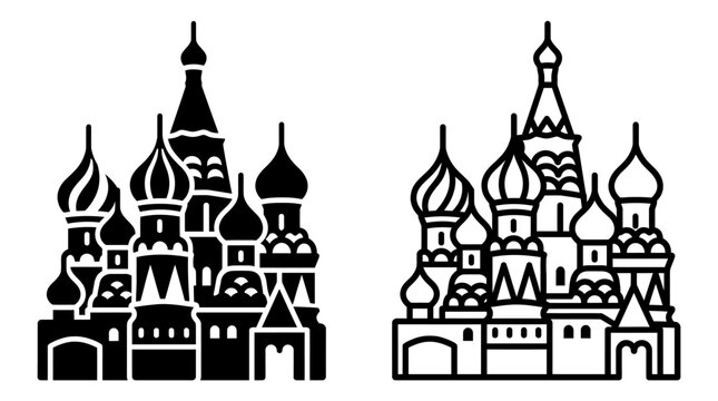Graphic set featuring saint basils cathedral in solid and outline