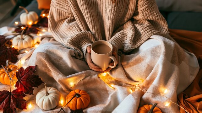 Cozy autumn woman wrapped in blanket sipping coffee surrounded by