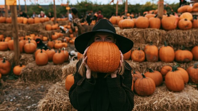 Happy woman in a pumpkin patch holding a pumpkin for halloween