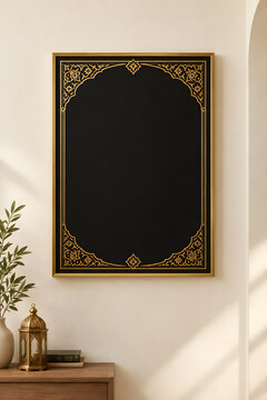 Blank black poster frame with gold Islamic ornament on a cream wall, mockup with lantern and olive branch