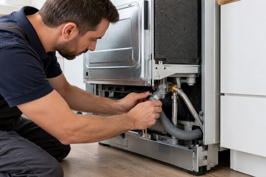 technician installs a dishwasher inside a modern kitchen